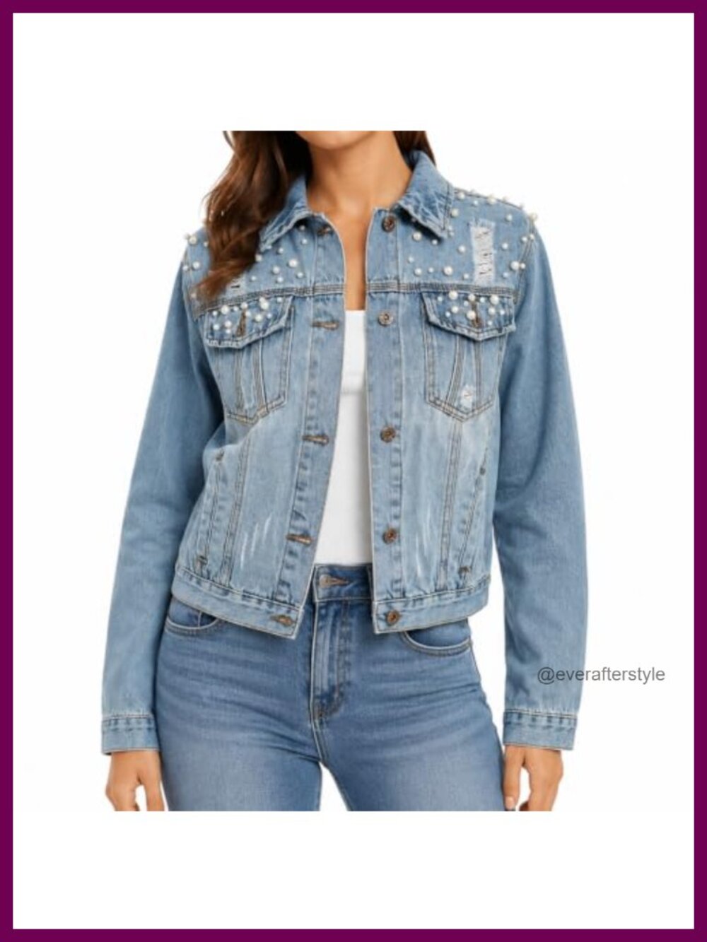Pearl Embellished Cropped Denim Jacket Distressed Western Jean Coat